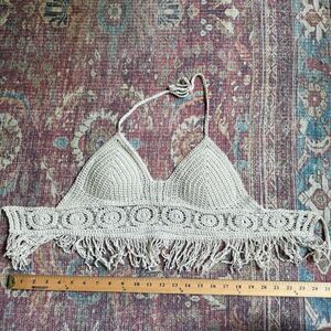 Women’s Boho Featival Crochet Fringe Halter Crop Top- Cream